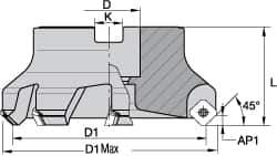 Kennametal - 5" Cut Diam, 1-1/2" Arbor Hole, 5mm Max Depth of Cut, 43° Indexable Chamfer & Angle Face Mill - 10 Inserts, OF.T64 Insert, Right Hand Cut, 10 Flutes, Through Coolant, Series KSOM - Eagle Tool & Supply