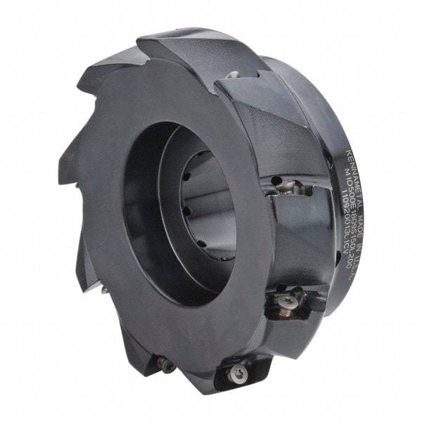 Kennametal - 9 Inserts, 5" Cut Diam, 1-1/2" Arbor Diam, 18.03mm Max Depth of Cut, Indexable Square-Shoulder Face Mill - 0/90° Lead Angle, 2" High, EC18.., EP18.. Insert Compatibility, Through Coolant, Series Mill 1-18 - Eagle Tool & Supply