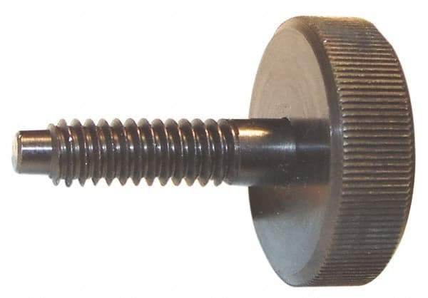 Morton Machine Works - M6x1.00 Knurled Shoulderless Dog Point Tip Grade C-12L14 Steel Thumb Screw - 1-13/16" OAL, 1" Head Diam x 5/16" Head Height, Black Oxide Finish - Eagle Tool & Supply