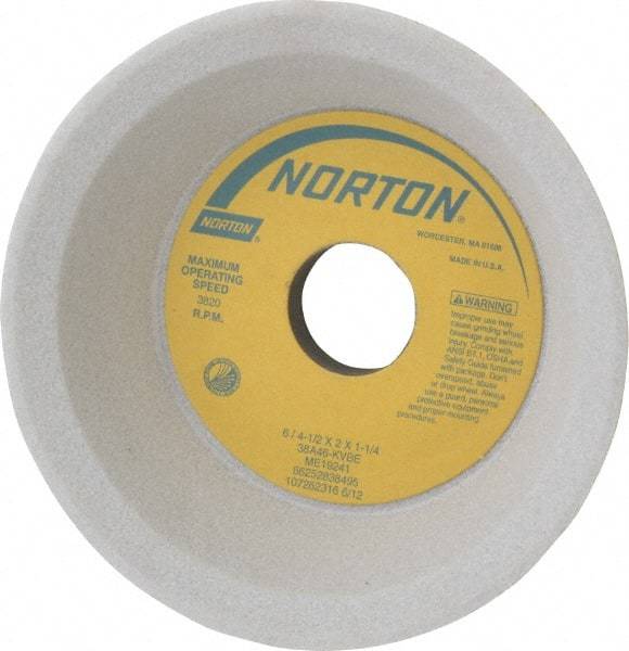 Norton - 6" Diam, 1-1/4" Hole Size, 2" Overall Thickness, 46 Grit, Type 11 Tool & Cutter Grinding Wheel - Coarse Grade, Aluminum Oxide, K Hardness, Vitrified Bond, 3,820 RPM - Eagle Tool & Supply