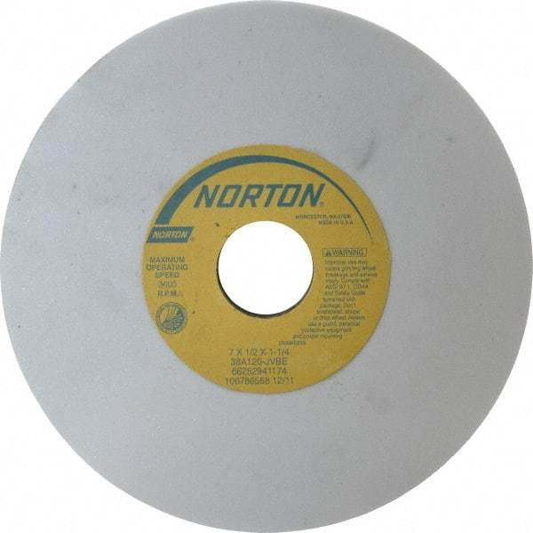 Norton - 7" Diam x 1-1/4" Hole x 1/2" Thick, J Hardness, 120 Grit Surface Grinding Wheel - Aluminum Oxide, Type 1, Fine Grade, 3,600 Max RPM, Vitrified Bond, No Recess - Eagle Tool & Supply