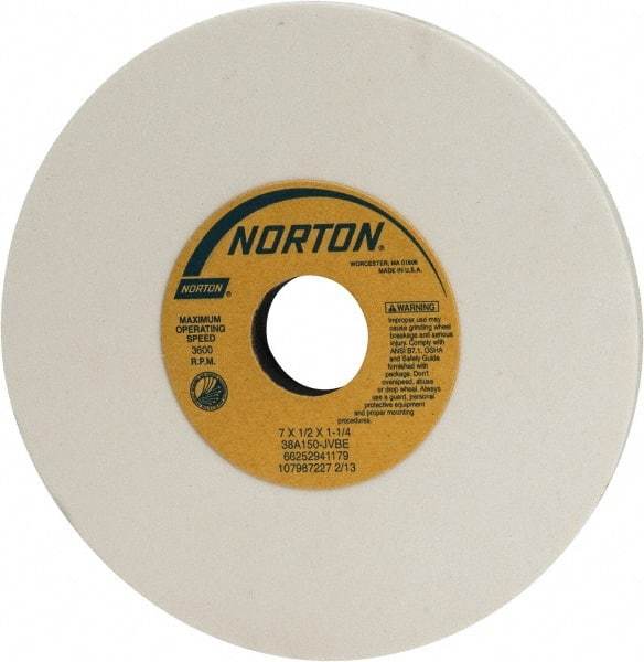 Norton - 7" Diam x 1-1/4" Hole x 1/2" Thick, J Hardness, 150 Grit Surface Grinding Wheel - Aluminum Oxide, Type 1, Very Fine Grade, 3,600 Max RPM, Vitrified Bond, No Recess - Eagle Tool & Supply