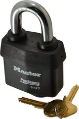 Master Lock - 1-3/8" Shackle Clearance, Keyed Different Padlock - 7/8" Shackle Width, 7/16" Shackle Diam, Laminated Steel - Eagle Tool & Supply