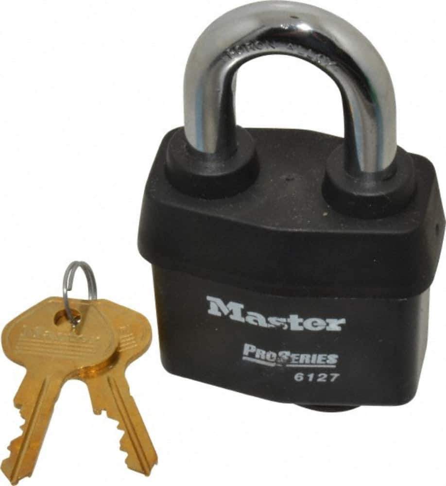 Master Lock - 1-3/8" Shackle Clearance, Keyed Alike Padlock - 7/8" Shackle Width, 7/16" Shackle Diam, Laminated Steel - Eagle Tool & Supply