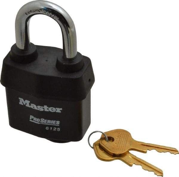 Master Lock - 1-3/8" Shackle Clearance, Keyed Different Padlock - 7/8" Shackle Width, 3/8" Shackle Diam, Laminated Steel - Eagle Tool & Supply