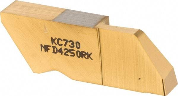 Kennametal - 4250NFD K Grade KC730, 6.35mm Cutting Width Carbide Grooving Insert - 12.7mm Max Depth of Cut, Right Hand, 0.57mm Corner Radius, TiN Finish - Eagle Tool & Supply