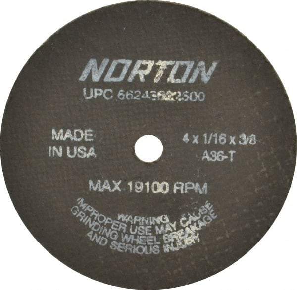 Norton - 4" 36 Grit Aluminum Oxide Cutoff Wheel - 1/16" Thick, 3/8" Arbor, 19,100 Max RPM, Use with Die Grinders - Eagle Tool & Supply