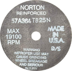 Norton - 4" 36 Grit Aluminum Oxide Cutoff Wheel - 1/16" Thick, 1/2" Arbor, 19,100 Max RPM, Use with Die Grinders - Eagle Tool & Supply