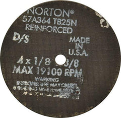 Norton - 4" 36 Grit Aluminum Oxide Cutoff Wheel - 1/8" Thick, 3/8" Arbor, 19,100 Max RPM, Use with Die Grinders - Eagle Tool & Supply