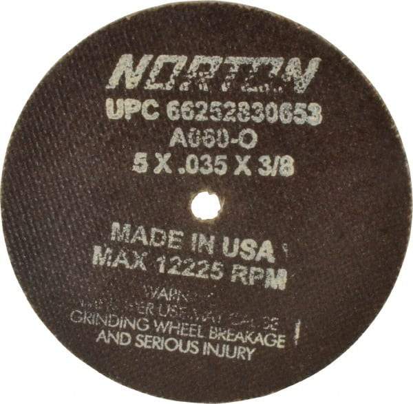 Norton - 5" 60 Grit Aluminum Oxide Cutoff Wheel - 0.035" Thick, 3/8" Arbor, 12,225 Max RPM, Use with Die Grinders - Eagle Tool & Supply