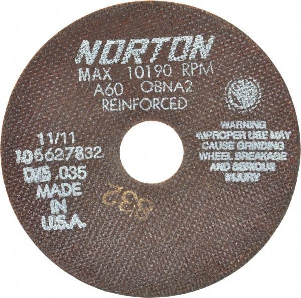 Norton - 6" 60 Grit Aluminum Oxide Cutoff Wheel - 0.035" Thick, 1-1/4" Arbor, 10,190 Max RPM, Use with Angle Grinders - Eagle Tool & Supply