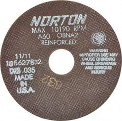 Norton - 6" 60 Grit Aluminum Oxide Cutoff Wheel - 0.035" Thick, 1-1/4" Arbor, 10,190 Max RPM, Use with Angle Grinders - Eagle Tool & Supply