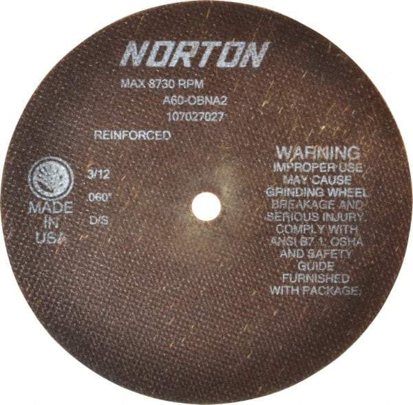 Norton - 7" 60 Grit Aluminum Oxide Cutoff Wheel - 0.06" Thick, 1/2" Arbor, 8,730 Max RPM, Use with Stationary Grinders - Eagle Tool & Supply
