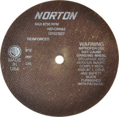 Norton - 7" 60 Grit Aluminum Oxide Cutoff Wheel - 0.06" Thick, 1/2" Arbor, 8,730 Max RPM, Use with Stationary Grinders - Eagle Tool & Supply