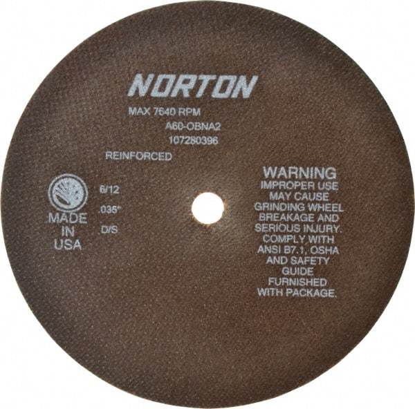 Norton - 8" 60 Grit Aluminum Oxide Cutoff Wheel - 0.035" Thick, 5/8" Arbor, 7,640 Max RPM, Use with Circular Saws - Eagle Tool & Supply