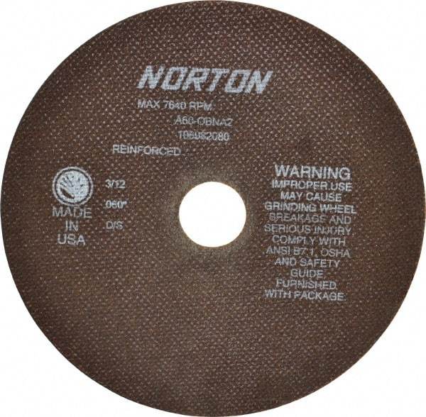 Norton - 8" 60 Grit Aluminum Oxide Cutoff Wheel - 0.06" Thick, 1-1/4" Arbor, 7,640 Max RPM, Use with Stationary Grinders - Eagle Tool & Supply