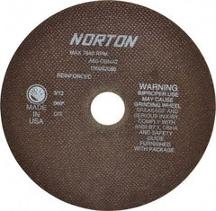 Norton - 8" 60 Grit Aluminum Oxide Cutoff Wheel - 0.06" Thick, 1-1/4" Arbor, 7,640 Max RPM, Use with Stationary Grinders - Eagle Tool & Supply