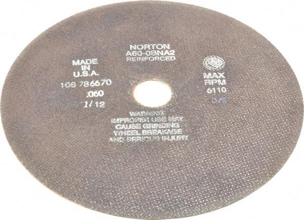 Norton - 10" 60 Grit Aluminum Oxide Cutoff Wheel - 0.06" Thick, 1-1/4" Arbor, 6,110 Max RPM, Use with Stationary Grinders - Eagle Tool & Supply