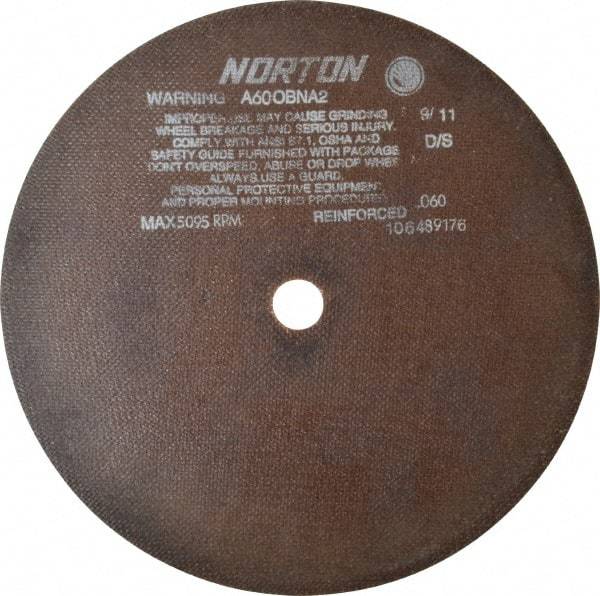 Norton - 12" 60 Grit Aluminum Oxide Cutoff Wheel - 0.06" Thick, 1" Arbor, 5,095 Max RPM, Use with Stationary Grinders - Eagle Tool & Supply