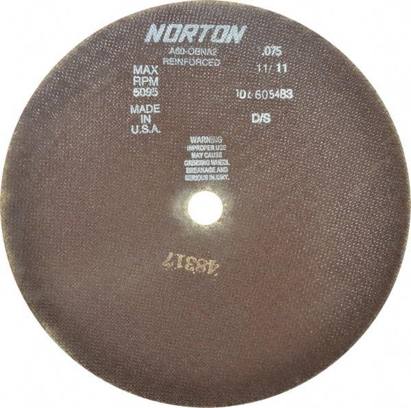 Norton - 12" 60 Grit Aluminum Oxide Cutoff Wheel - 0.075" Thick, 1" Arbor, 5,095 Max RPM, Use with Stationary Grinders - Eagle Tool & Supply