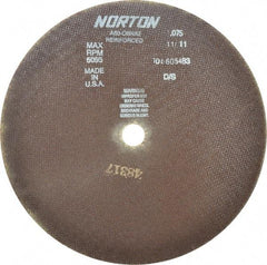 Norton - 12" 60 Grit Aluminum Oxide Cutoff Wheel - 0.075" Thick, 1" Arbor, 5,095 Max RPM, Use with Stationary Grinders - Eagle Tool & Supply