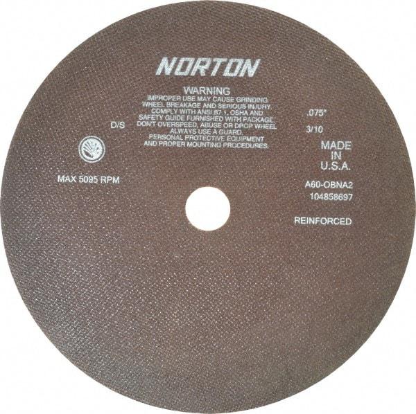 Norton - 12" 60 Grit Aluminum Oxide Cutoff Wheel - 0.075" Thick, 1-1/4" Arbor, 5,095 Max RPM, Use with Stationary Grinders - Eagle Tool & Supply