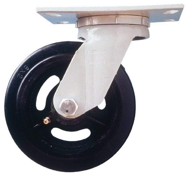Fairbanks - 8" Diam x 2" Wide x 9-1/2" OAH Top Plate Mount Swivel Caster - Semi-Steel, 1,200 Lb Capacity, Roller Bearing, 4-1/2 x 6-1/4" Plate - Eagle Tool & Supply