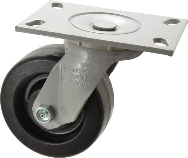 Fairbanks - 5" Diam x 2" Wide x 6-1/2" OAH Top Plate Mount Swivel Caster - Phenolic, 1,000 Lb Capacity, Roller Bearing, 4-1/2 x 6-1/4" Plate - Eagle Tool & Supply