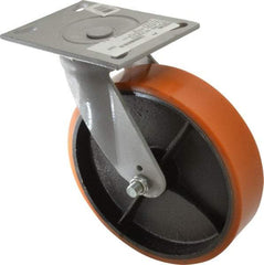 Fairbanks - 8" Diam x 2" Wide x 9-1/2" OAH Top Plate Mount Swivel Caster - Polyurethane, 1,200 Lb Capacity, Roller Bearing, 4-1/2 x 6-1/4" Plate - Eagle Tool & Supply