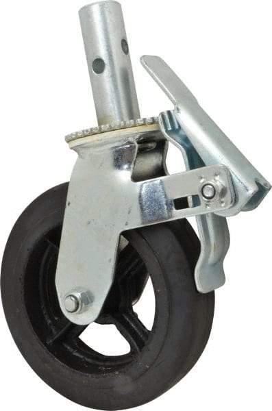 Fairbanks - 9-1/2" Diam x 2" Wide, Rubber Molded on 70 Durometer Swivel with Brake Double Braking Lock Design Caster - 500 Lb Capacity, Round Scaffold Stem Mount, Roller Bearing - Eagle Tool & Supply