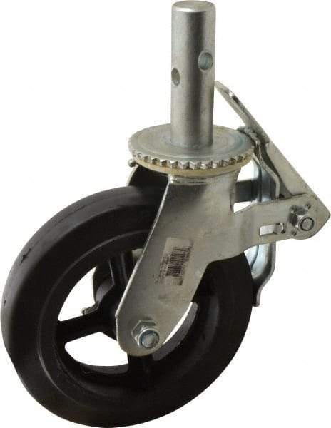 Fairbanks - 9-1/2" Diam x 2" Wide, Rubber Molded on 90 Durometer Swivel with Brake Double Braking Lock Design Caster - 500 Lb Capacity, Round Scaffold Stem Mount, Roller Bearing - Eagle Tool & Supply