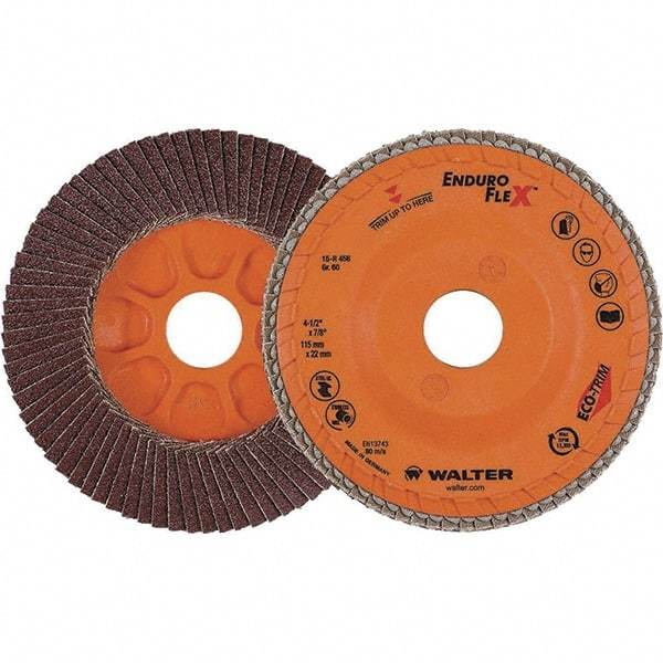 WALTER Surface Technologies - 60 Grit, 4-1/2" Disc Diam, 7/8" Center Hole, Zirconia Alumina Flap Disc - 13,300 Max RPM, Plastic Backing, Arbor Attaching System, Coated - Eagle Tool & Supply