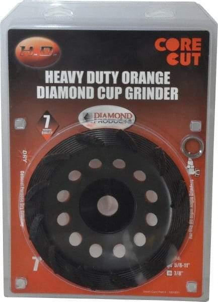 Core Cut - 7" Diam, 7/8" Hole Size, 3/16" Overall Thickness, Spiral Cup Tool & Cutter Grinding Wheel - Diamond, 8,725 RPM - Eagle Tool & Supply