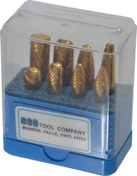 SGS Pro - 8 Piece, 1/4" Shank Burr Set - Tungsten Carbide, Multiple Head Shapes, 14° Included Angle - Eagle Tool & Supply