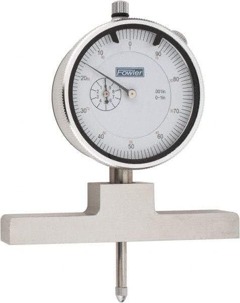 Fowler - 0 to 22 Inch Range, Steel, White Dial Depth Gage - 0.001 Inch Graduation, 0.001 Inch Accuracy, 1 Inch Travel, 4 Inch Base Measuring Length - Eagle Tool & Supply