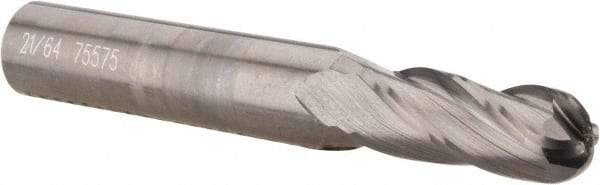 OSG - 21/64" Diam, 7/8" LOC, 4 Flute Solid Carbide Ball End Mill - Uncoated, Single End, 2-1/2" OAL, 3/8" Shank Diam, Spiral Flute - Eagle Tool & Supply
