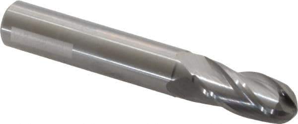 OSG - 23/64" Diam, 7/8" LOC, 4 Flute Solid Carbide Ball End Mill - Uncoated, Single End, 2-1/2" OAL, 3/8" Shank Diam, Spiral Flute - Eagle Tool & Supply