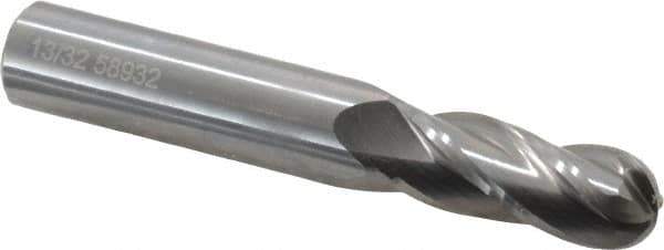 OSG - 13/32" Diam, 1" LOC, 4 Flute Solid Carbide Ball End Mill - Uncoated, Single End, 2-3/4" OAL, 7/16" Shank Diam, Spiral Flute - Eagle Tool & Supply