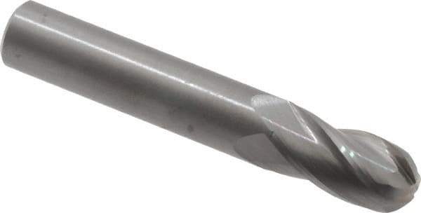 OSG - 9/16" Diam, 1-1/8" LOC, 4 Flute Solid Carbide Ball End Mill - Uncoated, Single End, 3-1/2" OAL, 9/16" Shank Diam, Spiral Flute - Eagle Tool & Supply