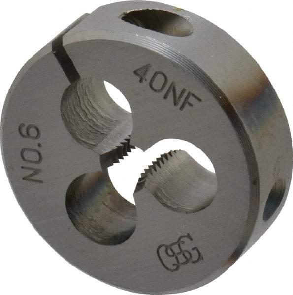 OSG - #6-40 UNF Thread, 13/16" Outside Diam High Speed Steel Round Die - 1/4" Thick, Right Hand Thread, Adjustable - Exact Industrial Supply