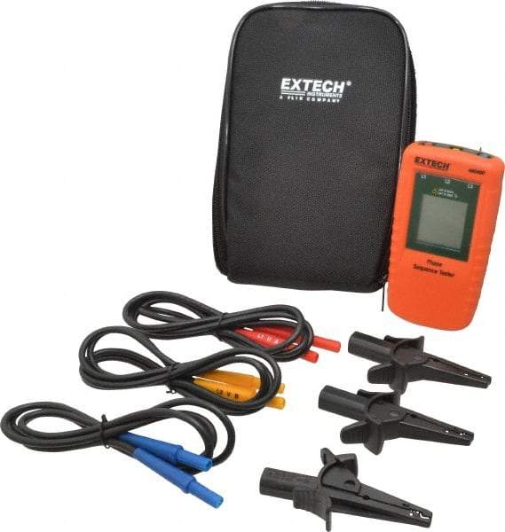 Extech - 3 Phase, 40 to 600 VAC, 15 to 400 Hz, 32 to 104°F, LCD Display Phase Rotation Tester - No Battery Required, Includes Alligator Clips, Test Leads, CAT III 600 V, CE, EN 61010-1 - Eagle Tool & Supply