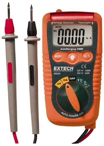 Extech - DM220, CAT IV, 600 VAC/VDC, Digital Auto Ranging Multimeter - 40 mOhm, Measures Voltage, Current, Frequency, Resistance - Eagle Tool & Supply