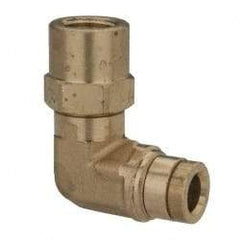 Parker - 1/4" Outside Diam, 1/8 NPTF, Brass Push-to-Connect Tube Female Swivel Elbow - 250 Max psi, Tube to Female NPT Connection, Buna-N O-Ring - Eagle Tool & Supply