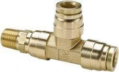 Parker - 1/2" Outside Diam, 1/4 NPTF, Brass Push-to-Connect Tube Male Swivel Run Tee - 250 Max psi, Tube to Male NPT Connection, Buna-N O-Ring - Eagle Tool & Supply