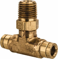 Parker - 1/4" Outside Diam, 1/4 NPT, Brass Push-to-Connect Tube Male Swivel Branch Tee - 250 Max psi, Tube to Male NPT Connection, Buna-N O-Ring - Eagle Tool & Supply