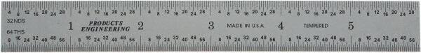 PEC Tools - 6" Long, 1/64, 1/32" and 0.5, 1mm Graduation, Rigid Steel Rule - English/Metric Graduation Style, 3/4" Wide, Silver, Satin Chrome Finish - Eagle Tool & Supply