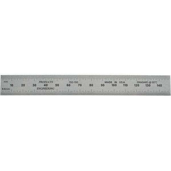 PEC Tools - 150mm Long, 0.5, 1mm Graduation, Rigid Steel Rule - Metric Graduation Style, 3/4" Wide, Silver, Satin Chrome Finish - Eagle Tool & Supply