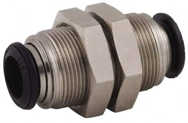Alpha Technologies - 5mm Outside Diam, Nickel Plated Brass Push-to-Connect Tube Bulkhead Union - 250 Max psi, Tube to Tube Connection, Buna O-Ring - Eagle Tool & Supply