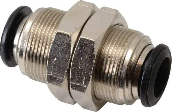 Alpha Technologies - 10mm Outside Diam, Nickel Plated Brass Push-to-Connect Tube Bulkhead Union - 250 Max psi, Tube to Tube Connection, Buna O-Ring - Eagle Tool & Supply