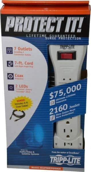 Tripp-Lite - 7 Outlets, 120 Volts, 15 Amps, 7' Cord, Power Outlet Strip - Keyhole Mount, 5-15P NEMA Configuration, 12.4" Strip, UL1449 3rd Edition - Eagle Tool & Supply